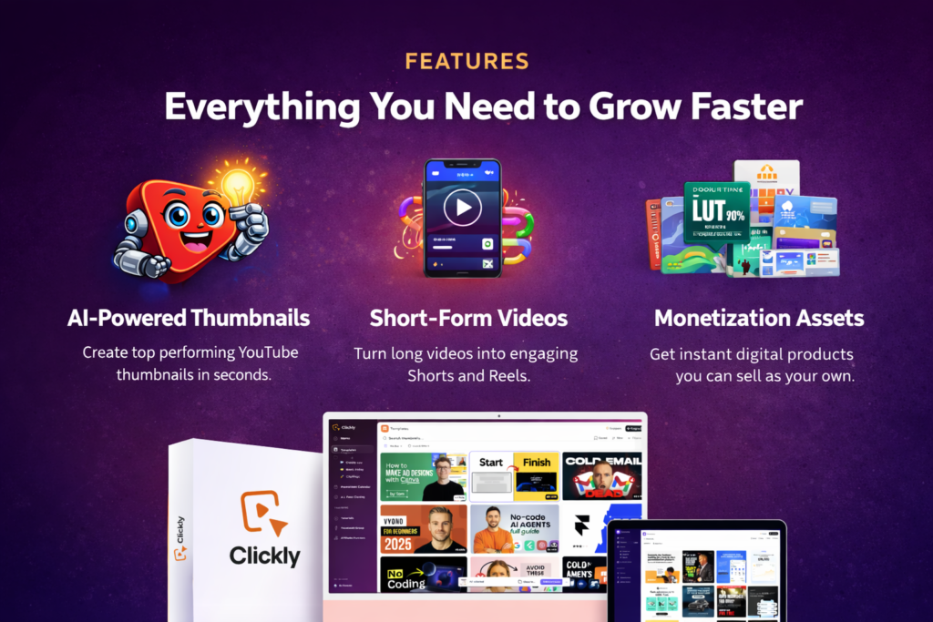 Clickly AI features showing AI thumbnail generator, face cloning, and winning template library