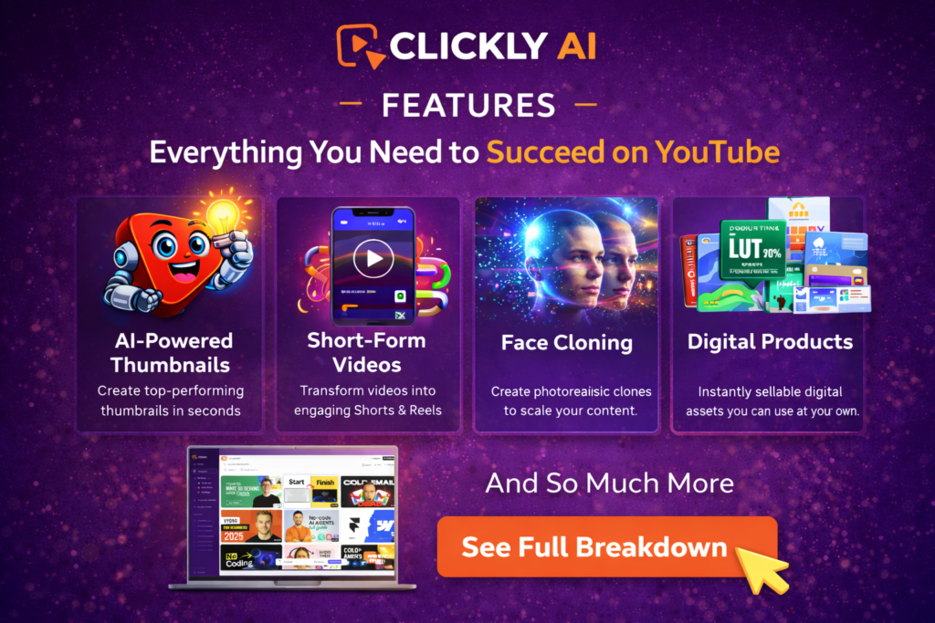 Clickly AI features page showing AI thumbnail generator, face cloning, and template library