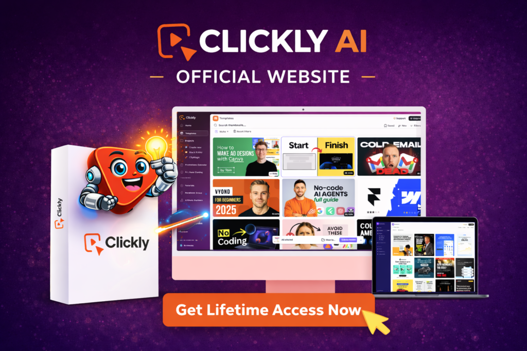 Clickly AI official website showing AI YouTube thumbnail generator dashboard