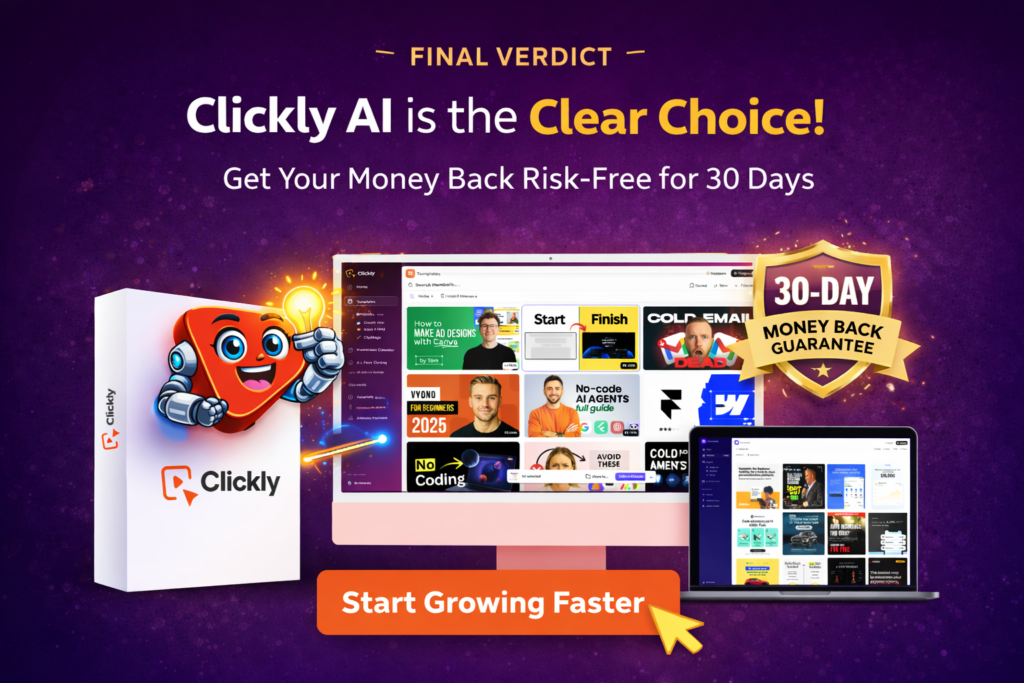 Clickly AI review final verdict showing Clickly dashboard with 30 day money back guarantee