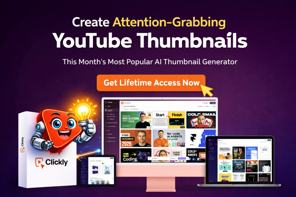 Clickly AI platform showing AI-powered YouTube thumbnail generator and winning template library